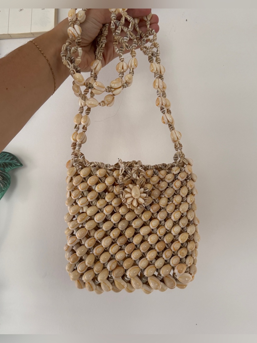 Vintage Cowrie Shell Beaded Shoulder Bag Seashell Purse Boho 6”